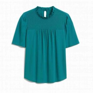 Adrianna Papell Smocked Yoke Ruffle Neck Top Aegean Teal Blue NWT Size M
